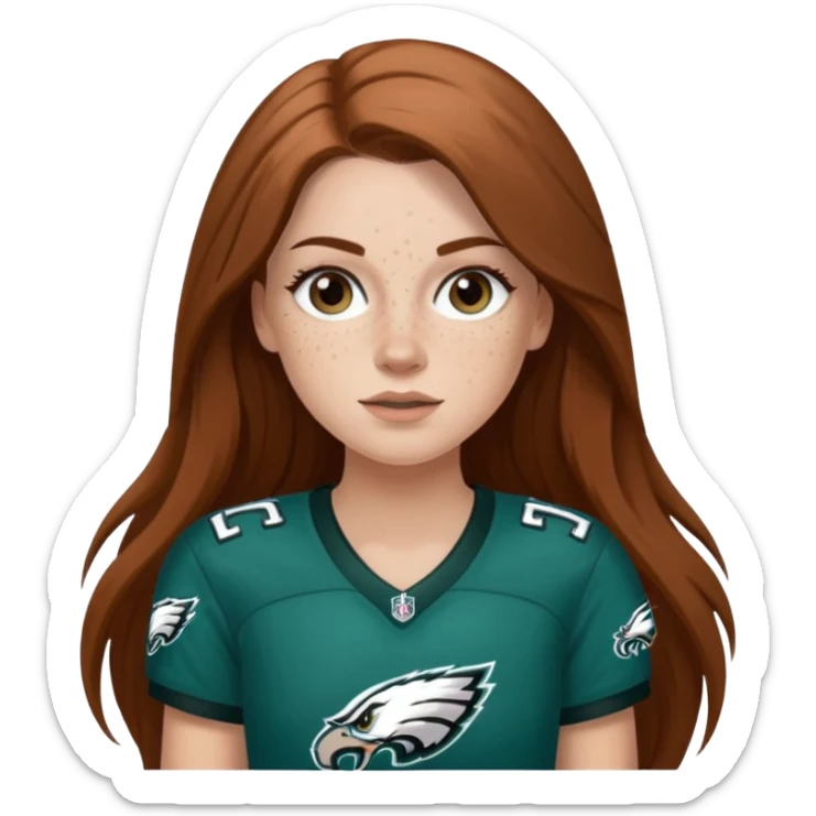 White girl with long  brown hair and freckles wearring a Philadelphia eagles jersey sticker