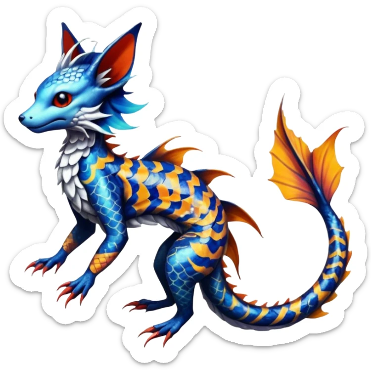 Edgy badass swimmy wet painted intricate ornate Japanese Asian koi-Sergal-Lykoi-Linoone-Electrike-Linoone-Vaporeon-fusion-hybrid-animal-Fakémon-creature, full body, thin long sleek scaly tail, intricate markings sticker