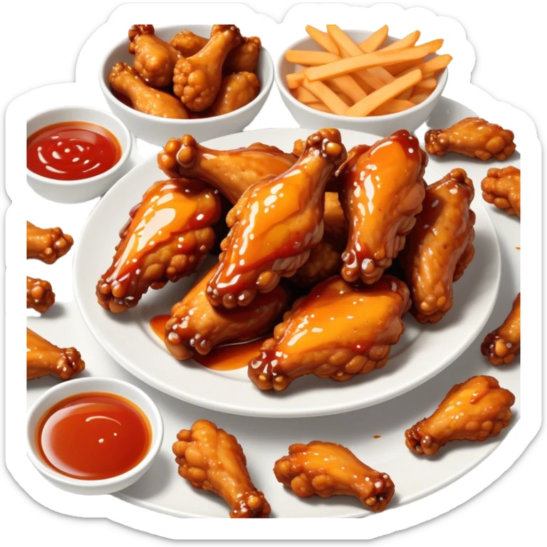 Cinematic crispy chicken wings, golden-brown and glazed with spicy sauce, crunchy coating, juicy inside, piled high with dipping sauce on the side, ultra-realistic and mouthwatering, inviting and bold. sticker