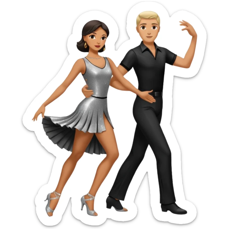 Dancesport professional latin competitor couple dancing the rumba, the women is in skinny short sparkly dress, the man is in black shirt and black classic pants  sticker