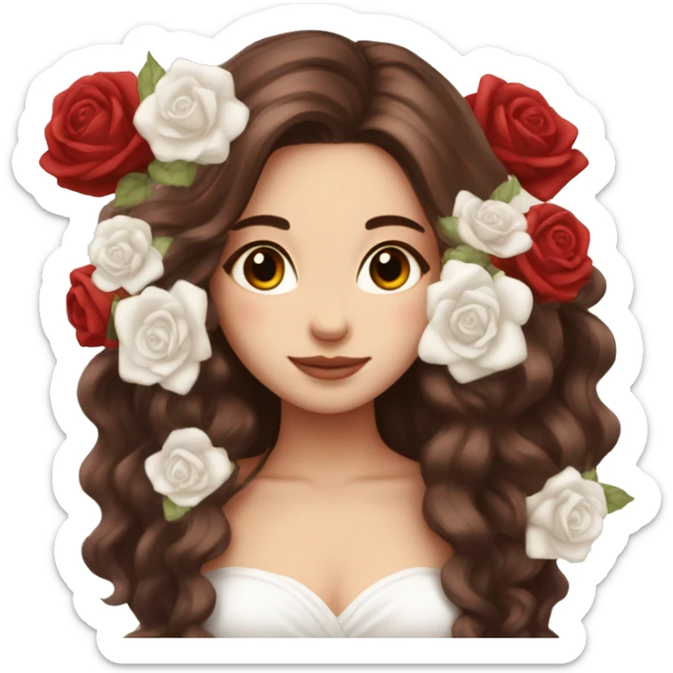 Beautiful, rose, red, flowers in hair, long dark brown hair, white fair skin sticker