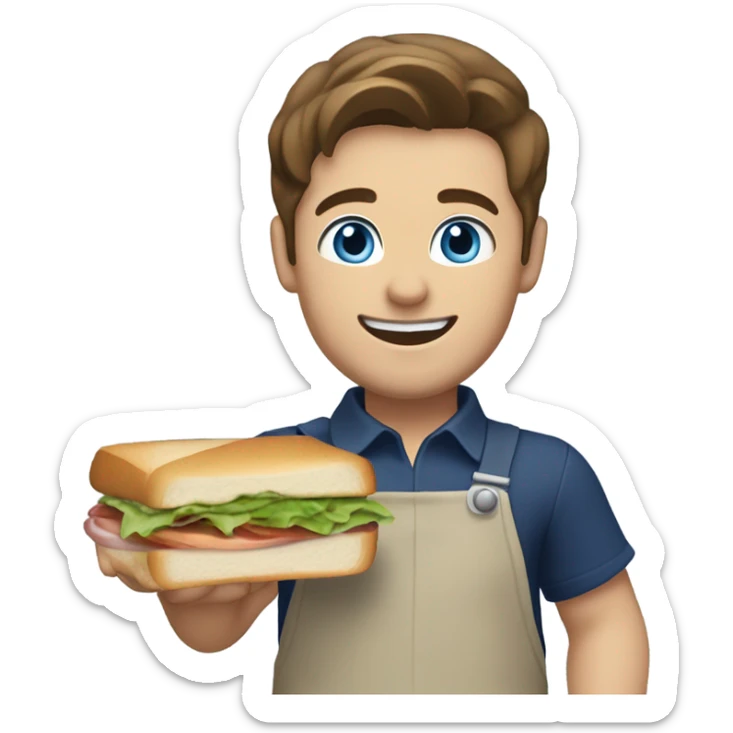 Male with brown hair and blue eyes worker with white shirt and navy apron with khakis and hat holding a sandwhich sticker