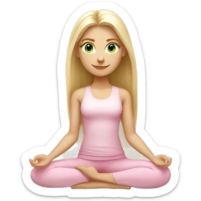 blonde long hair and green eyes yoga girl in light pink clothes sitting on a yoga mat sticker