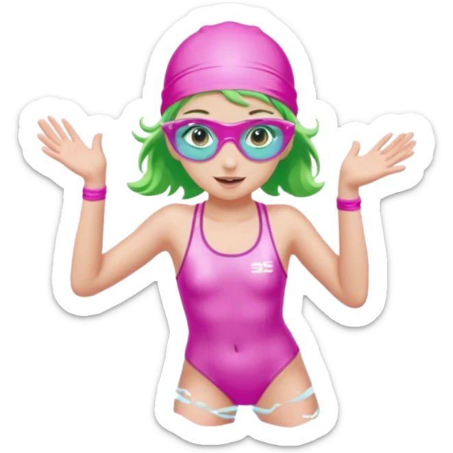 pretty girl with green eyes pink swim cap holographic swimming glasses and cute profesional swimmer pink swimsuit jumping in water sticker