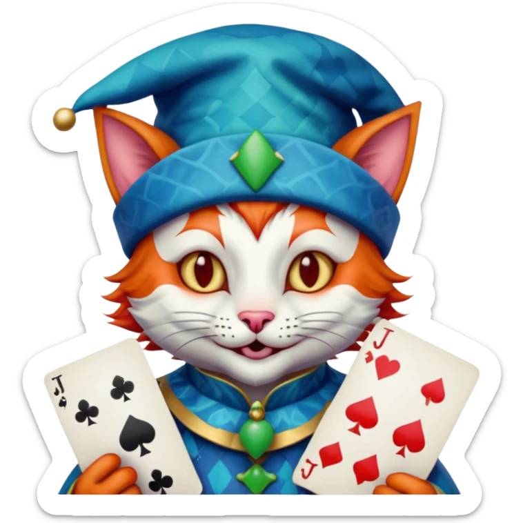 crazy colorful cute little cat jolly joker from poker, medieval, vintage, court jester, mac os icon, blue color, holds poker cards sticker