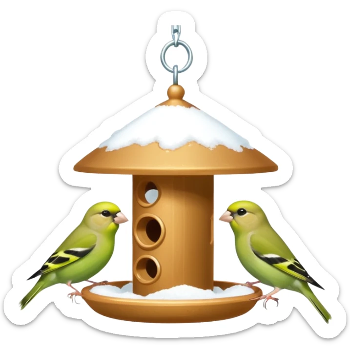 3 Green finch feeding on a bird feeder in the snow sticker