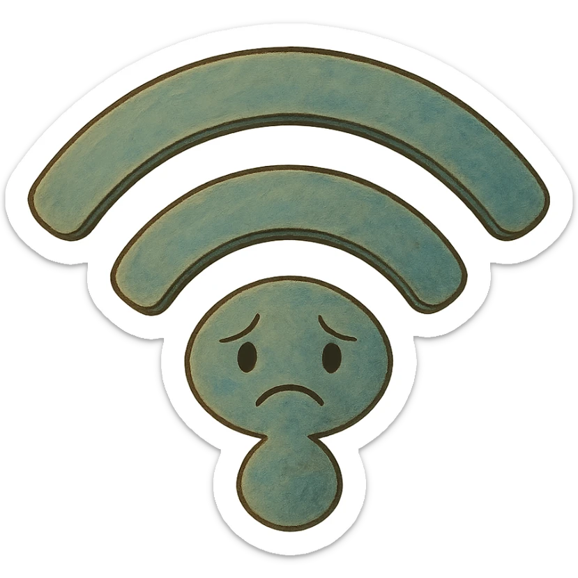 ghibli style illustration of a sad or droopy wifi symbol sticker