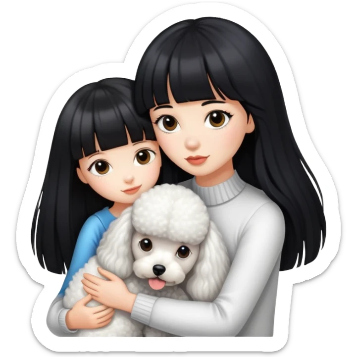 A beautiful girl with long straight black hair and bangs hugs a poodle tightly sticker