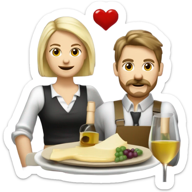 Repas raclette et deux verres de vin blanc en couple, femme blonde cheveux aux-dessus des épaules homme petite barbe et moustache grisonnantes et cheveux bruns grisonnant  sticker