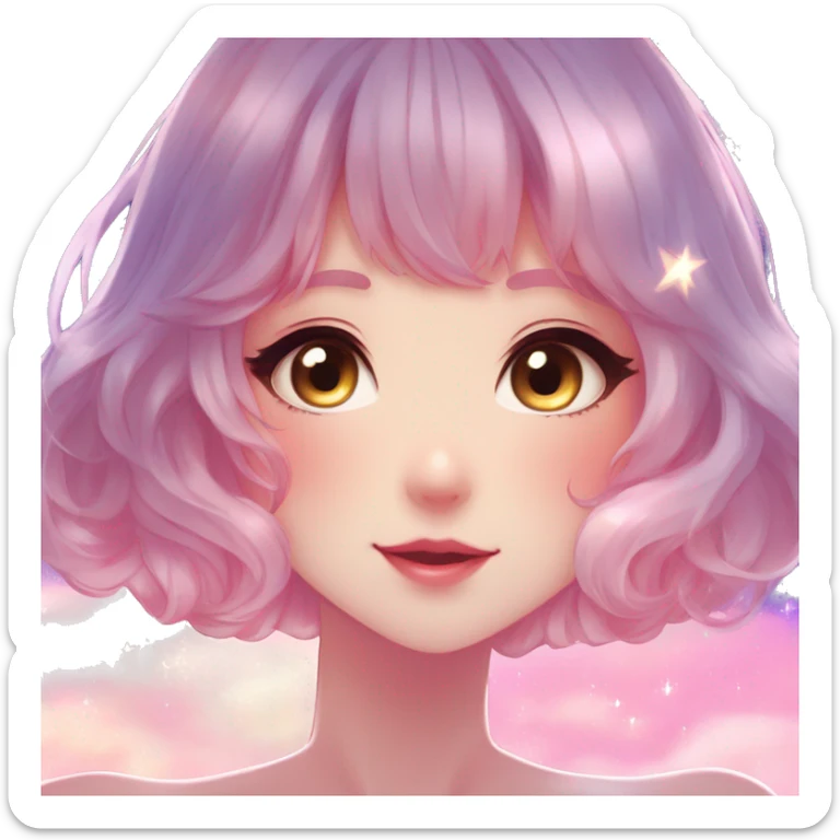 Gorgeous anime style lady blushing face dreamy idol model colorful shiny stars galaxy kawaii cottagecore pearly petite simplistic aesthetic trending style sticker