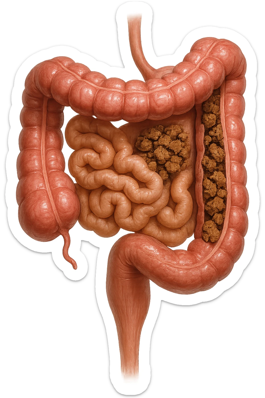 intestino umano anatomico realistico con feci spezzettate iperrealistiche sotto sticker