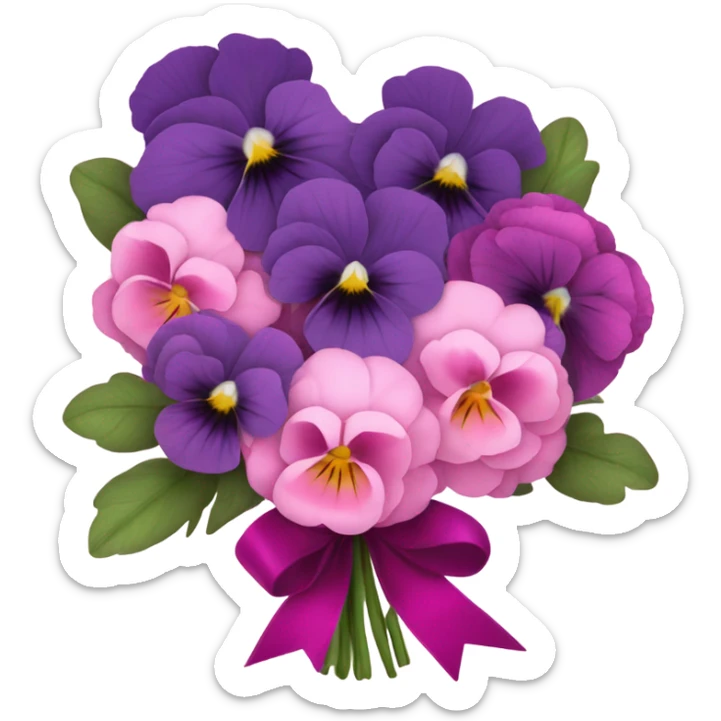 Bouquet composed of pink pansies, violet peonies tied with a dark pink ribbon and in the background purple butterflies sticker