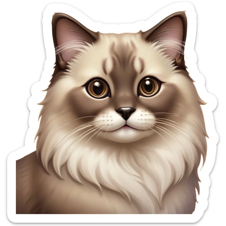 Cinematic Adorable Fluffy Brown Seal Ragdoll Cat Portrait Emoji, Head tilted elegantly with big, sparkling eyes, soft brown fur with darker seal points on the ears, face, and paws, Simplified yet regal features, highly detailed, glowing with a soft, warm glow, high shine, affectionate and playful, stylized with a touch of grace, bright and endearing, soft glowing outline, capturing the essence of a majestic and loving kitty, so elegant it feels like it could spring into motion with a regal leap! sticker