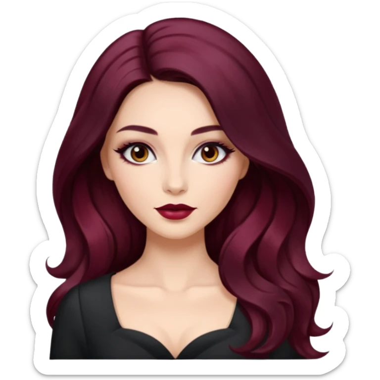 young glamorous woman 
Long waist-long hair
middle part
slightly wavy
dark burgundy hair 
 sticker