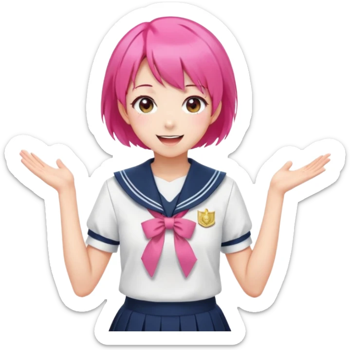 Anime girl with short bright pink hair wearing Japanese sailor style school uniform, composed posture with hand on hip but with excited smile and sparkling eyes, happy expression sticker
