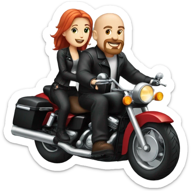 Bald headed white man with goatee and white girl with red hair riding on a black motorcycle  sticker
