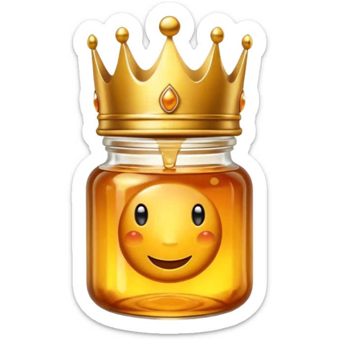 Honey jar filled with golden thick liquid, on top of the jar a big crown sticker