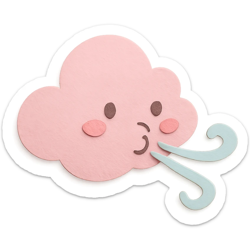 soft pastel pink cloud blowing gentle pastel wind, no arms, no legs, full body, soft pastel kawaii paper craft style sticker