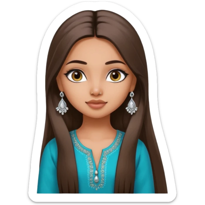 generate a pretty bratz girl wearing a kurti, eyeliner on, long straight hair, silver jhumkas in ear sticker