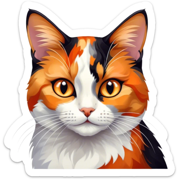 Cinematic Noble Calico Cat Portrait Emoji, Poised and regal, with a striking patchwork fur in vibrant orange, black, and white hues, delicate whiskers and a refined, focused gaze, simplified yet exquisitely detailed, glowing with a soft, moonlit radiance and an air of aristocratic elegance, high shine, exuding dignified intelligence and poised authority, soft glowing outline, capturing the essence of a watchful and noble calico cat that appears ready to grace the screen with effortless majesty! sticker