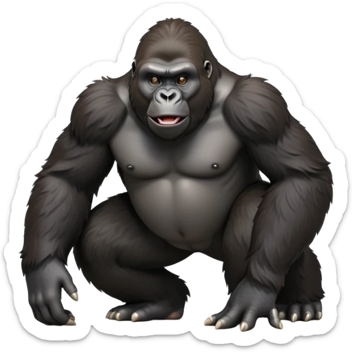 cinematic-gorilla-realistic-full-body-on-all-fours-emoji,-exuding-strength,-thick-dark-fur-in-the-light,-head-tilted-dramatically,-deep-friendly-eyes-filled-with-intense-intelligence,-simplified-yet-realistic-focused-features,-highly-detailed, zoomed out friendly  sticker