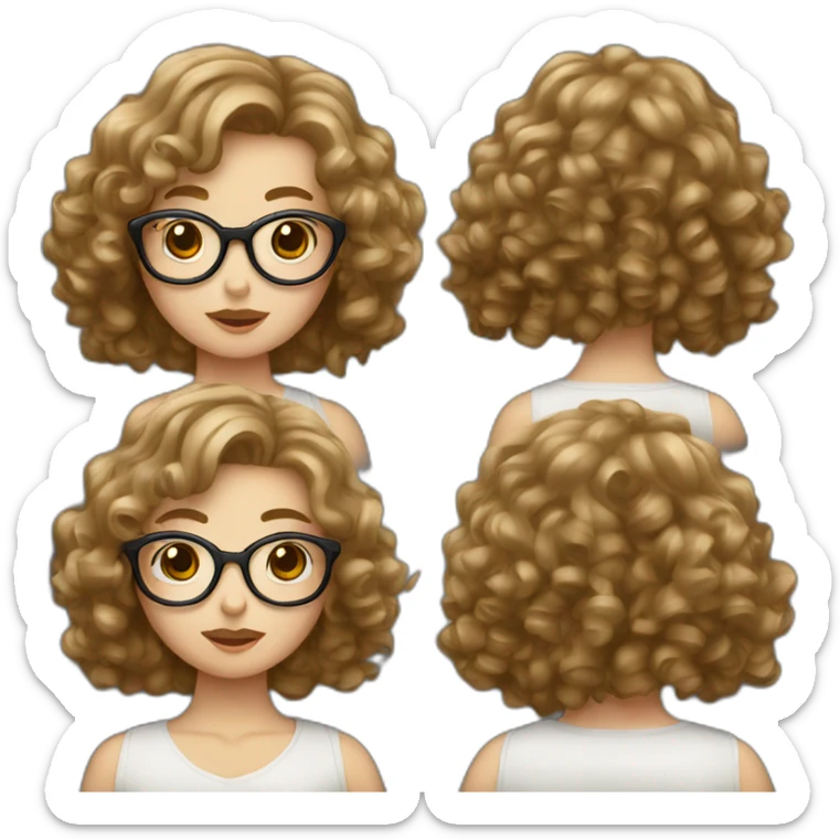 White girl with curtain fringe, curly and brown hair and glasses sticker