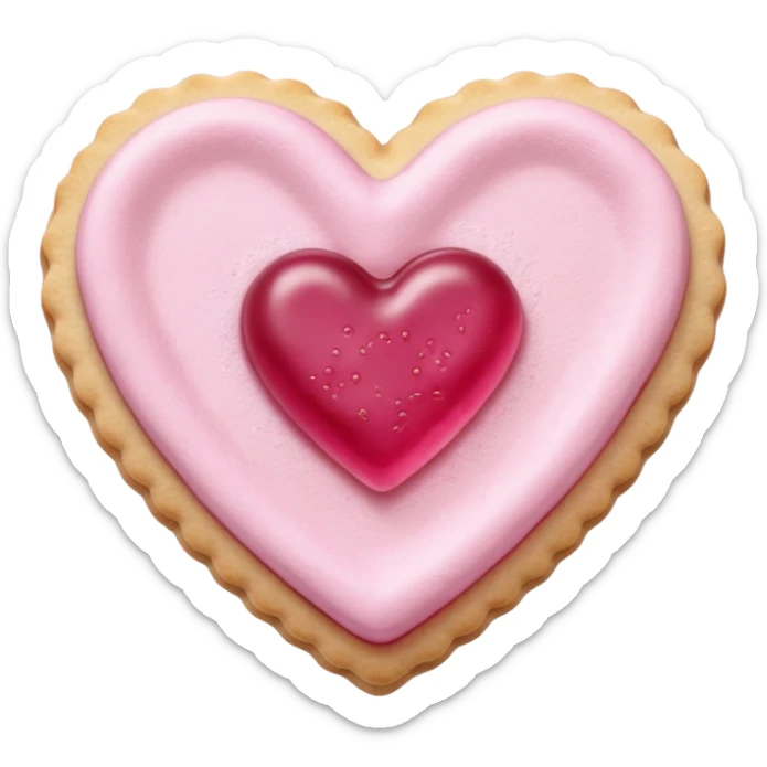 Realistic shortbread cookie in the shape of a heart with pink jelly middle filling and sprinkled powder sugar on top. sticker