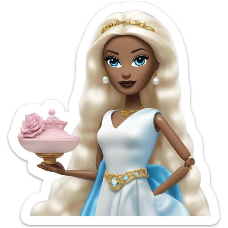 Malibu teen blond Morticia Addams’s in as Princess Leia Barbie in ruffled pearl-white and blue informal ball gown with gold accents and accessories  sticker