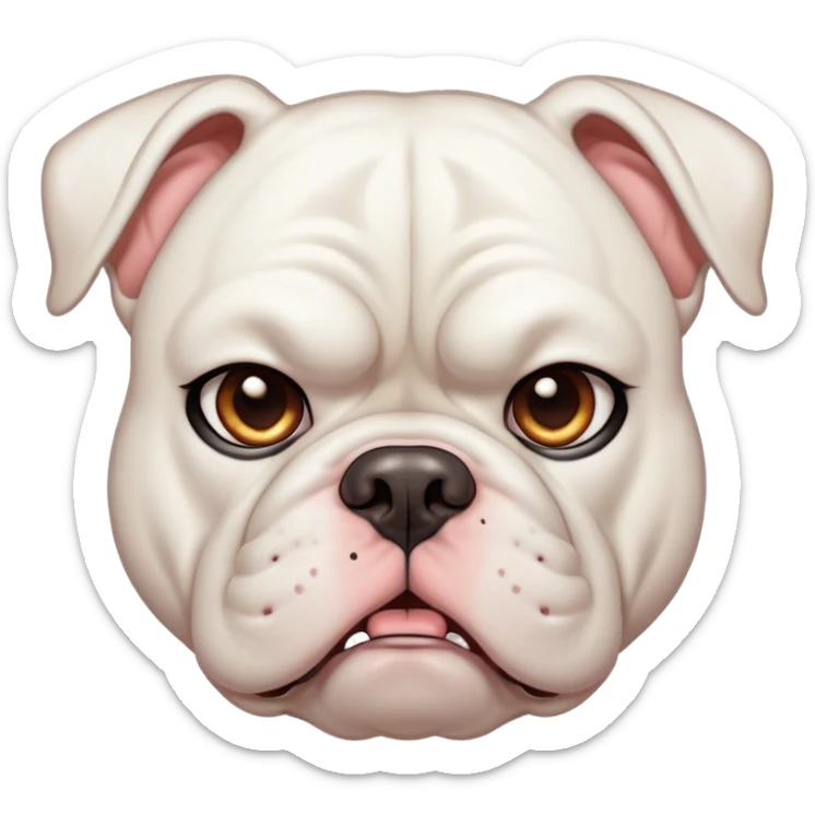 Cinematic Meme-Worthy Grumpy White American Bulldog Portrait Emoji, Head held high but eyes filled with dramatic disappointment, smooth white fur with a furrowed brow forming an unmistakable scowl, floppy ears slightly angled back in disapproval, piercing brown eyes glaring with pure exasperation, Simplified yet hilariously over-exaggerated features, highly detailed, glowing with an aura of supreme annoyance, high shine, exhausted yet judgmental, stylized with an almost regal pettiness, bright but brooding, soft glowing outline, capturing the essence of a pup that has seen it all and is thoroughly unimpressed, so meme-worthy it feels like it could instantly become the next viral sensation of grumpiness! sticker