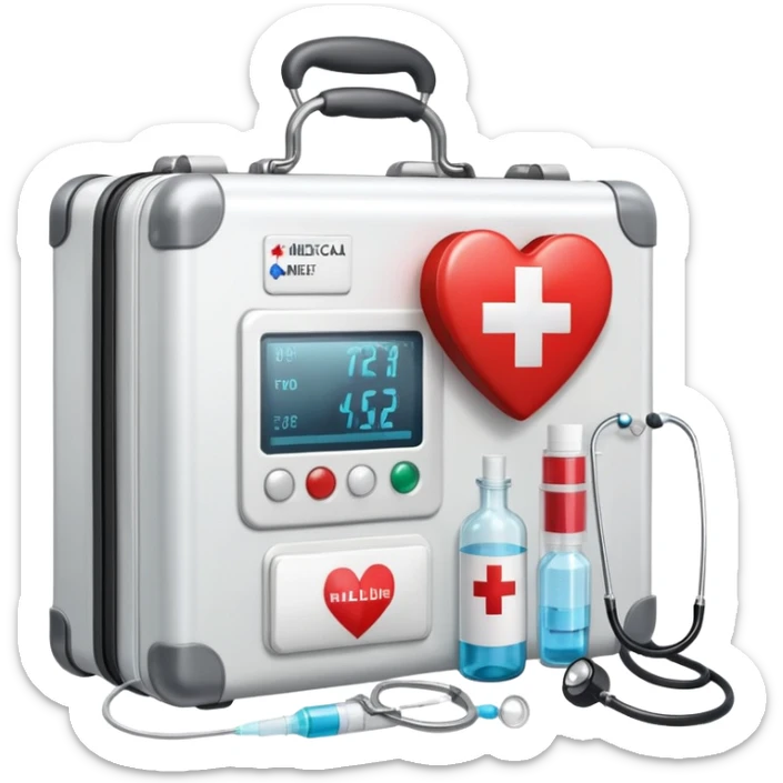 An icon featuring a medical suitcase with a red cross, a bottle of pills, a stethoscope, and a syringe, symbolizing medicine. The design includes a thermometer, bandages, and a heart monitor, representing healthcare and medical treatment. Transparent background highlights the science of healing. sticker