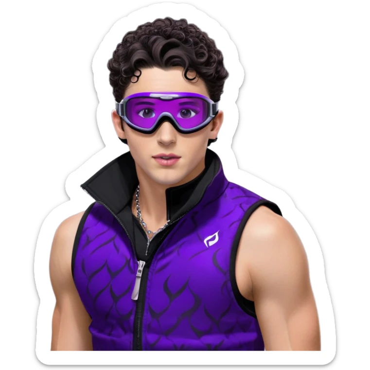 close-up of bad guy male athlete with white skin and moderately curly dark brown hair on top with shaved sides, wearing ski goggles with purple frames and very dark black lenses, a simple plain black chain necklace, and a completely unzipped sleeveless vest with purple and black sequin fire pattern design with no logo, with an extremely arrogant expression sticking his tongue out mockingly, looking menacing and villainous sticker