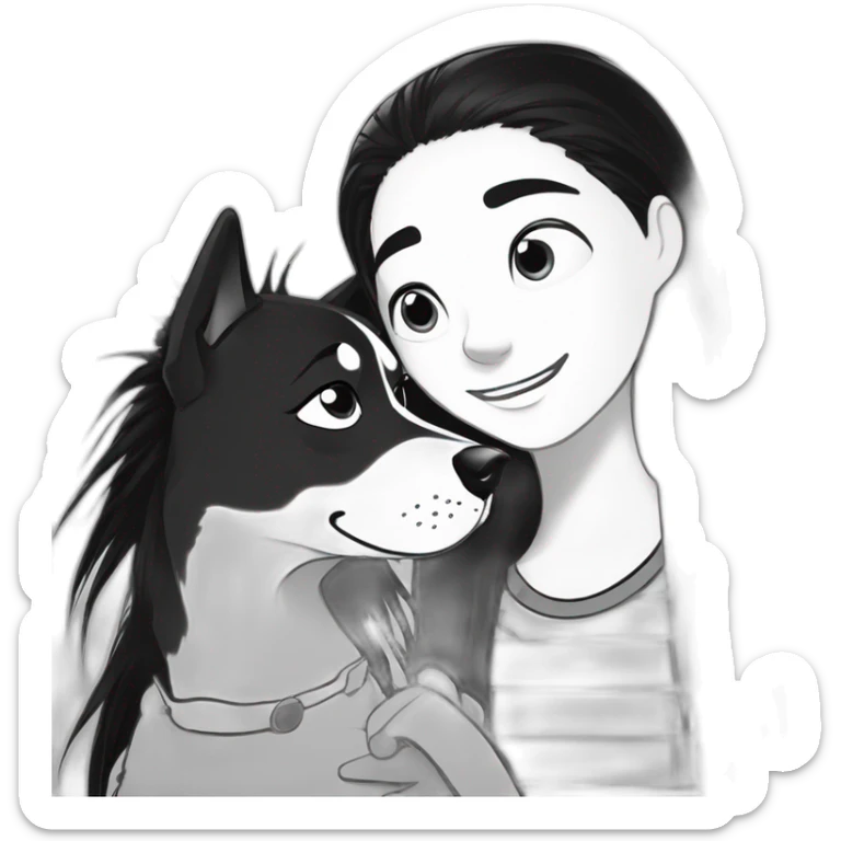 a dog and a dark-haired girl with spiky hair looking at each other in style of ((sarah andersen)), black and white sticker