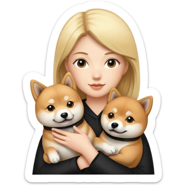 blonde woman holding a Shiba inu and a black shiba inu sticker