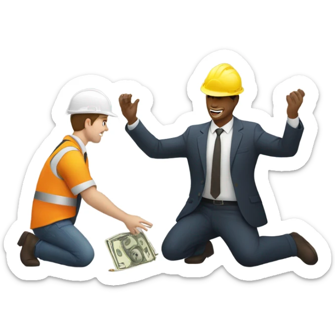 A guy in a suit receiving money from a guy on the ground, but the guy on the ground is a construction worker sticker