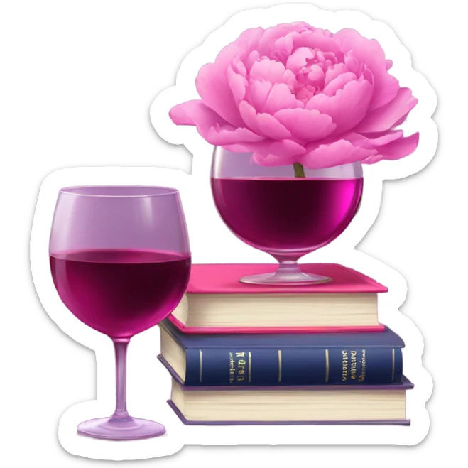 A violet  stack of books with deep pink peonies and a glass of pink wine sticker
