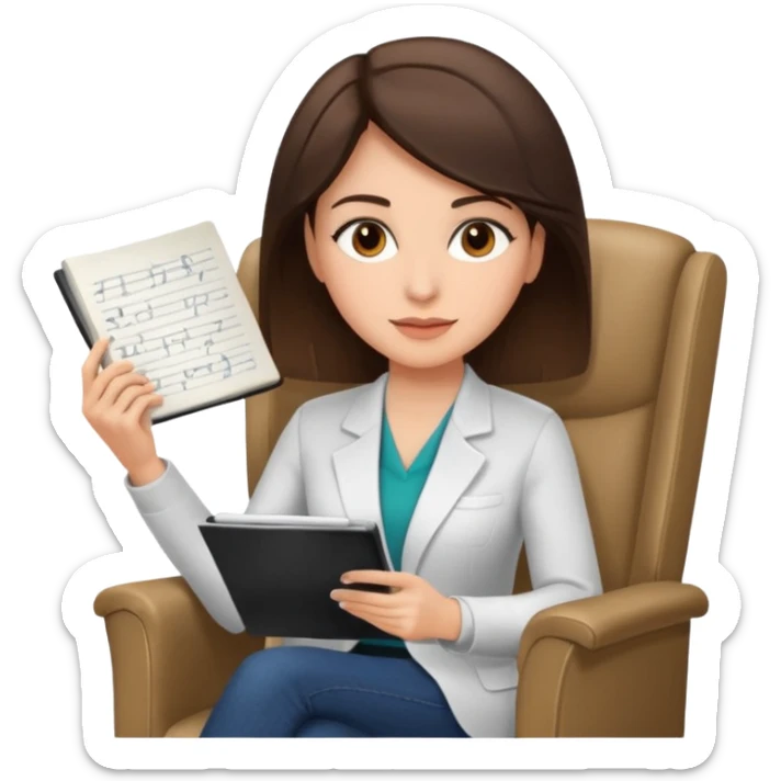 female therapist, brunette, brown eyes, light skin, sitting in a chair with notes sticker