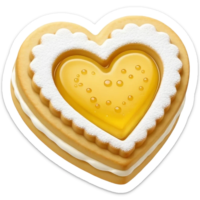 Realistic shortbread cookie in the shape of a heart with color of lemon jelly middle filling and sprinkled powder sugar on top. sticker