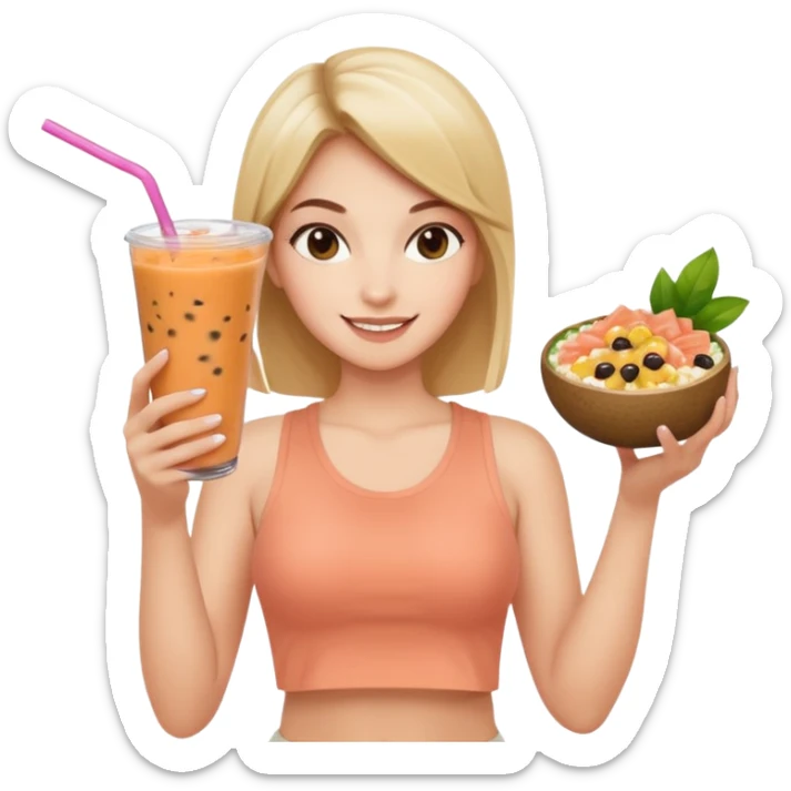 a young woman in a beige top and leggings and white sneakers with a passion fruit smoothie in one hand and a salmon poke bowl in the other hand sticker