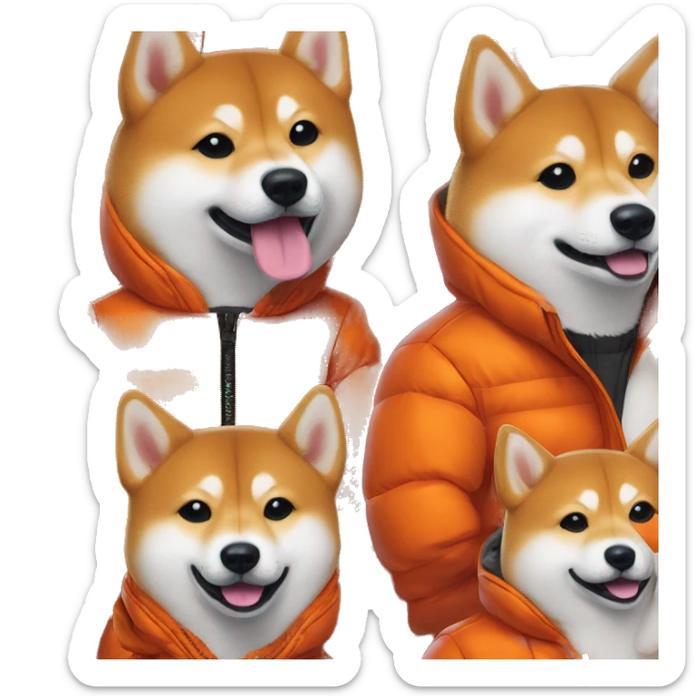 Shiba inu wearing vibrant orange puffer long sleeve jacket portrait sticker