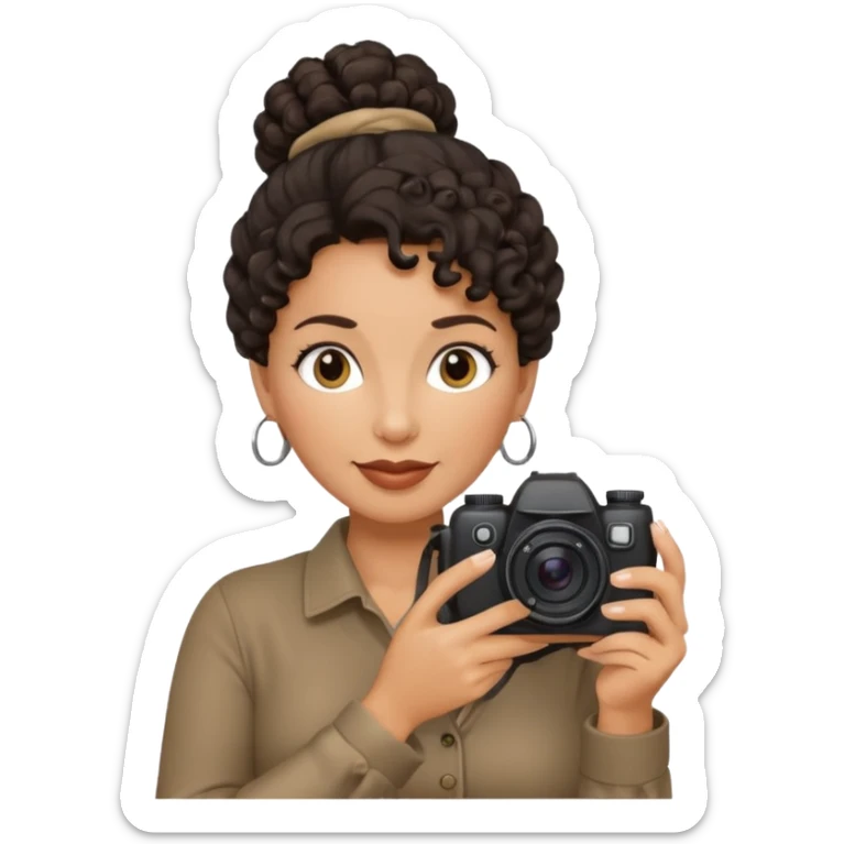 48 year old woman photographer with dark curly hair in a bun sticker