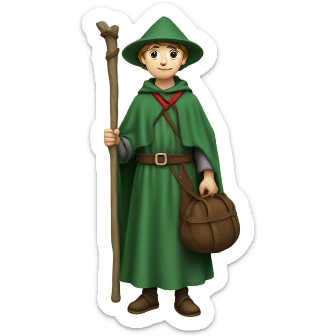 Young European pilgrim of the 13th century with staff, red stockings, green robe and hat and leather bag sticker