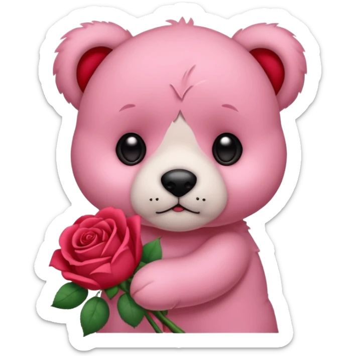 Cute pink teddy bear with sad puppy dog eyes holding roses  sticker