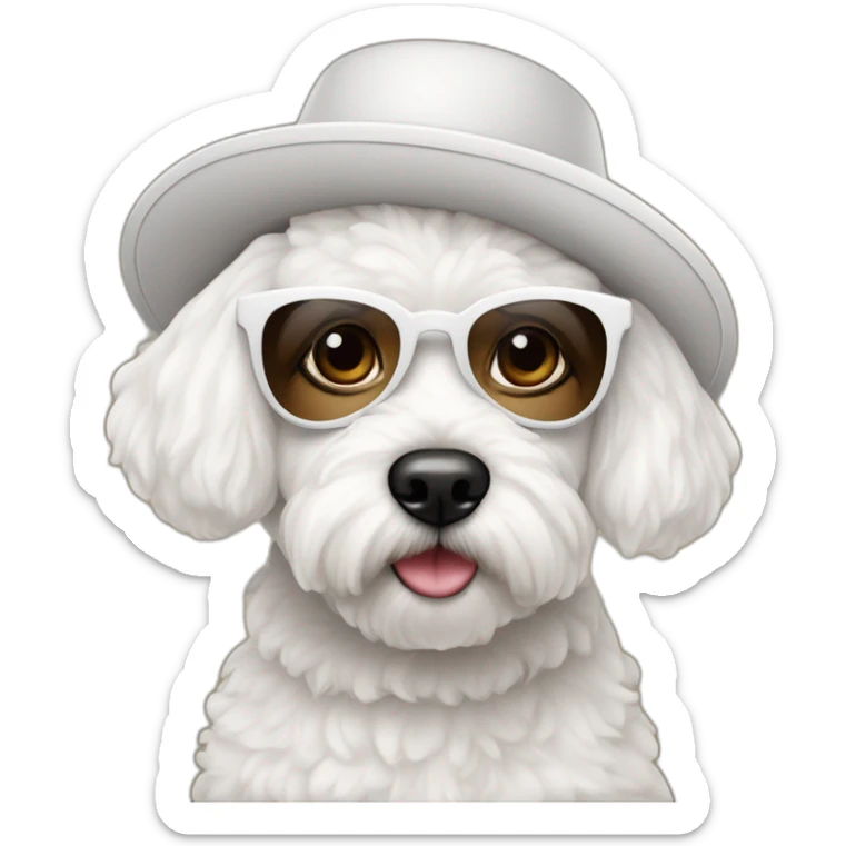 mujer piel blanca con gorro en la cabeza gafas y perro bichon maltés blanco sticker