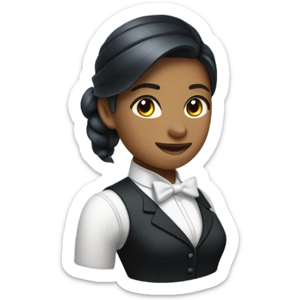 a female butler with a professional and elegant demeanor. She has her hair neatly tied in a ponytail and wears a classic butler uniform, including a tailored vest, crisp white shirt, and bow tie. sticker