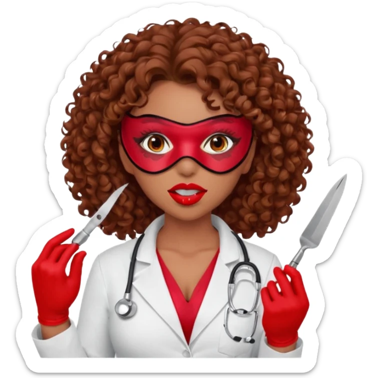 Lilith scalpel in hand, evil surgeon sexy surgeon clothes.  She has red eyes.  Hair is long. Hair is brown and curly hair. Wears sexy doctor outfit with red gloves. Covers mouth and neck mask  red sticker