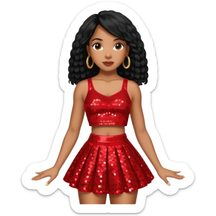 Kelly Rowland with black hair, red sequin crop top and skirt sticker