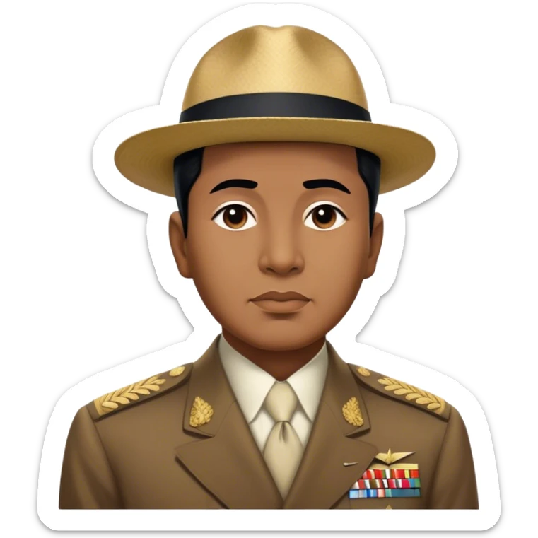 ​Cinematic Realistic Portrait of Sukarno, depicted in a lifelike, realistic style based on his iconic portrait, showcasing his thoughtful, charismatic expression in period attire, rendered with detailed textures and warm, evocative lighting that captures his pioneering spirit and national pride, sticker
