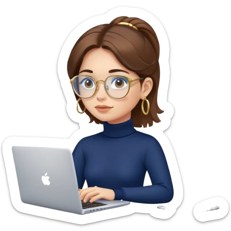 Girl with brown hair, navy blue turtleneck, gold hoop earrings, blue light glasses, working on laptop sticker