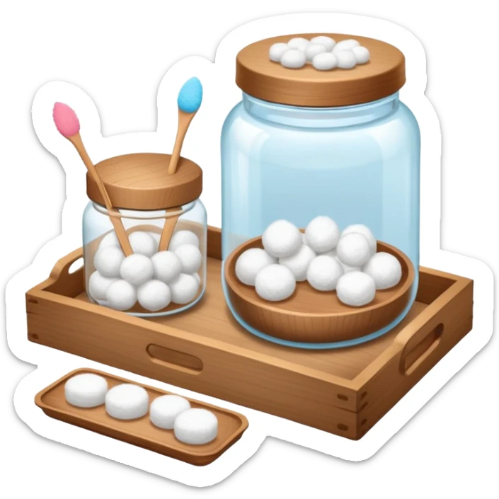 wooden tray with a jar of cotton balls, a jar of cotton swabs, a jar of cotton pads with wooden lids, with a soft glow sticker