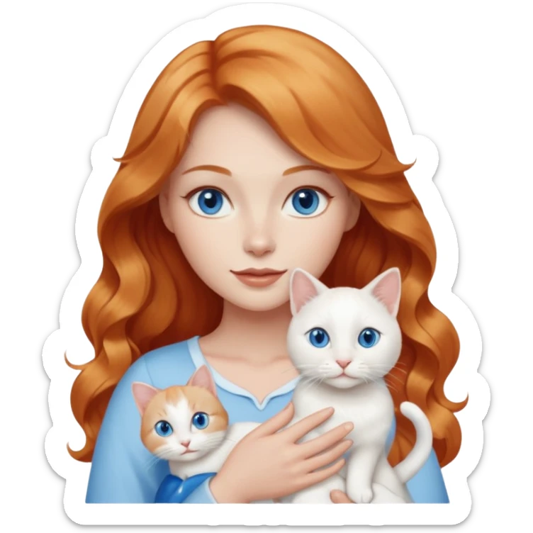 Long wavy strawberry blonde blue eyes woman with a white cat with blue eyes realistic  sticker